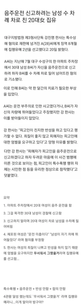 음주운전 신고하려던 남성, 20대 여성의 차에 여러 번 치여… 집행유예 선고