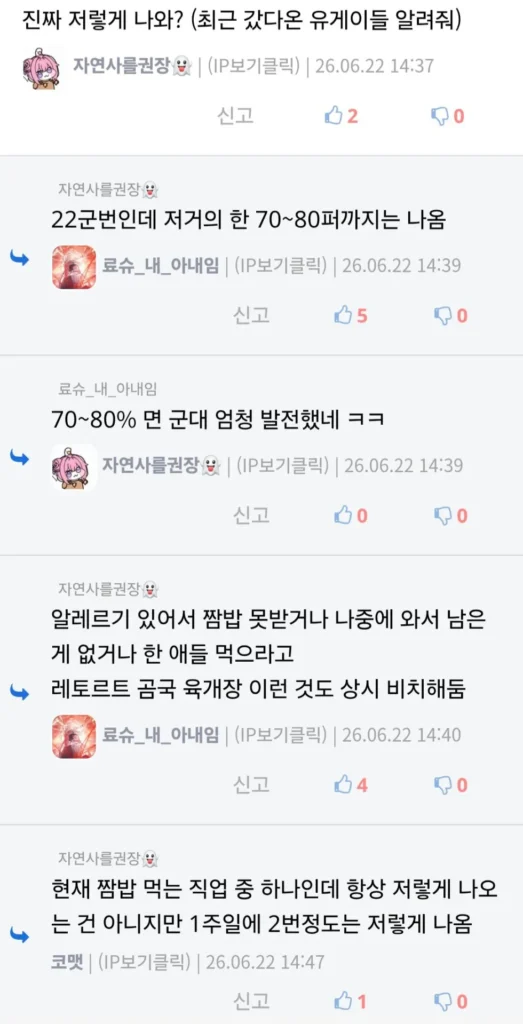 최근 육군 급식 현황