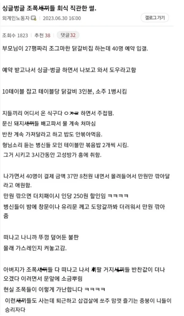 요즘 조폭들의 회식 수준