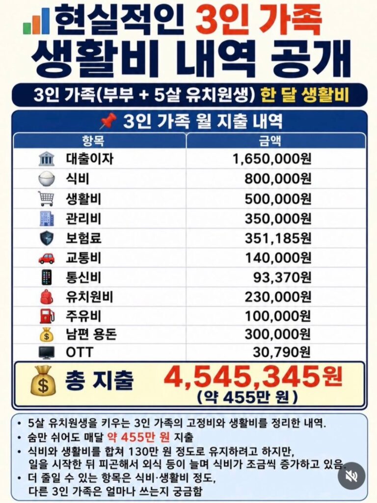 현실적인 3인 가족 생활비