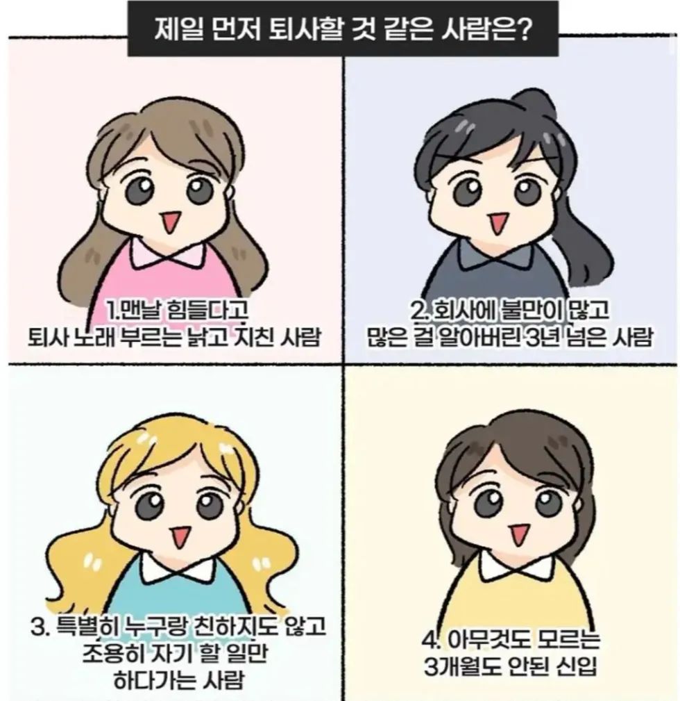 이 중 제일 먼저 퇴사할 것 같은 사람은요?