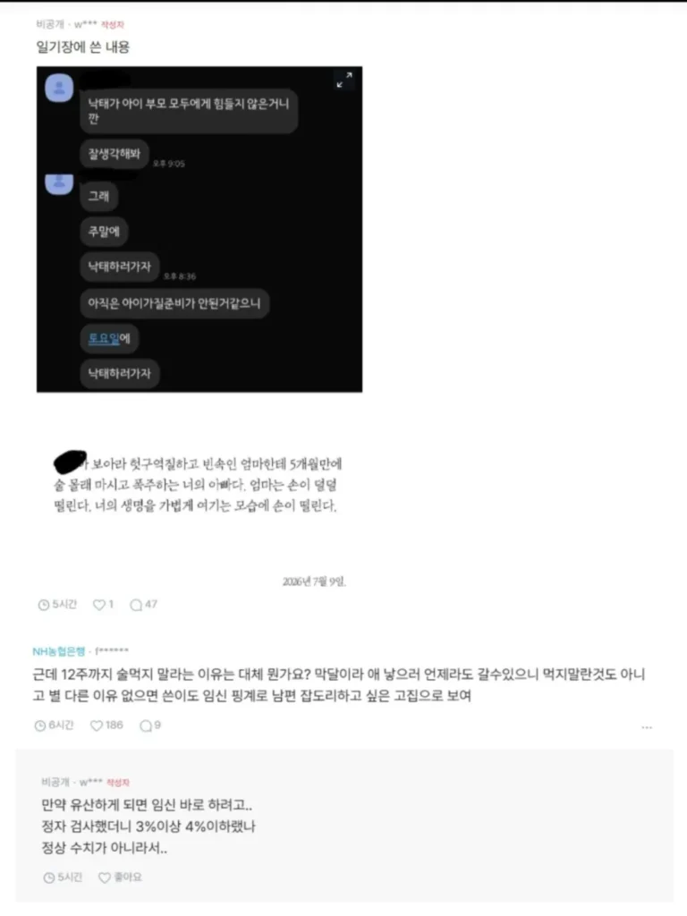 남편이 낙태를 원해 고민이라는 블라인드 글