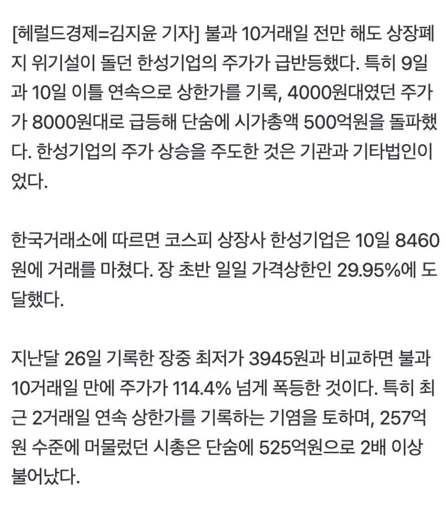 단 열흘 만에 시총 500억까지... ‘상폐 위기’서 반등