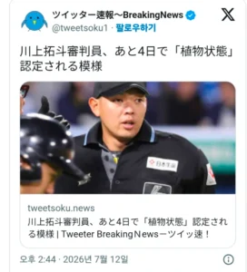 일본 심판, 배트 맞아 쓰러진 지 4일 후 뇌사 판정 예정