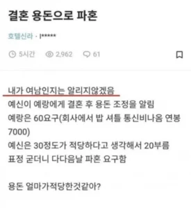 결혼 용돈, 성별 숨긴 채 올린 글