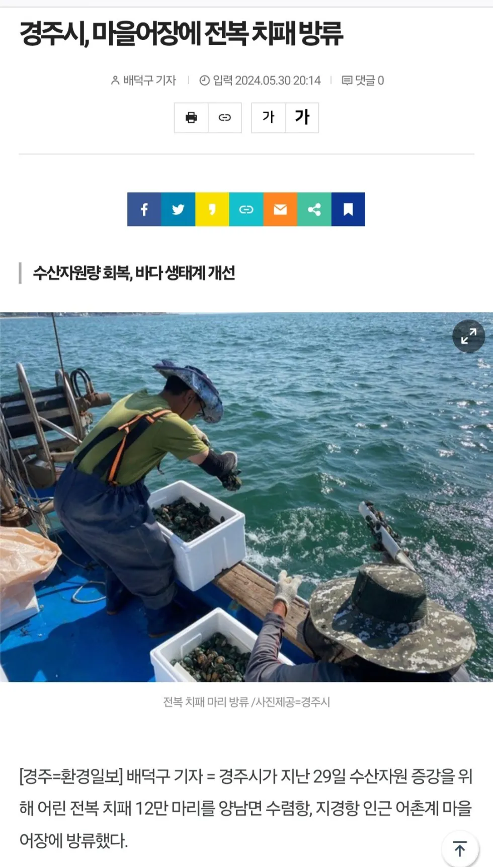 전복 치패 방류 사업 진행 상황