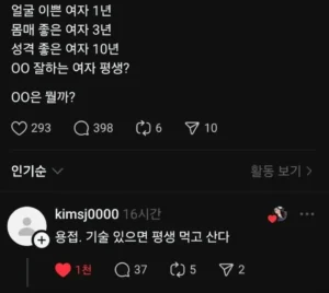 얼굴 예쁜 여자 1년 vs OO 잘하는 여자 평생?