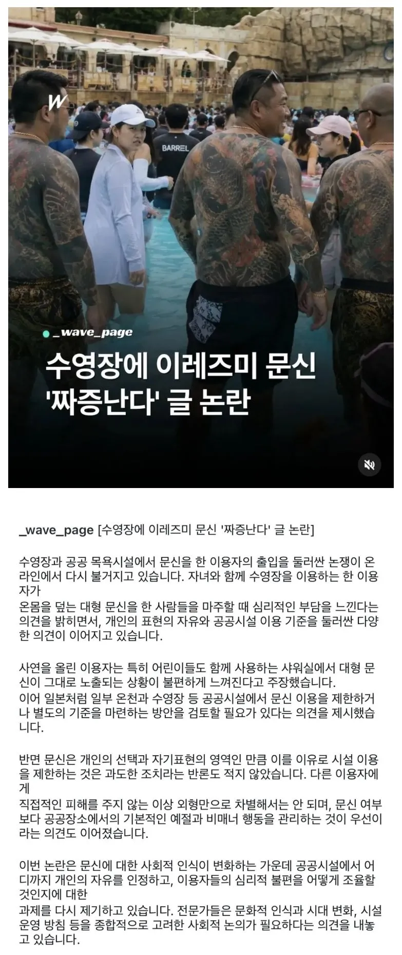 수영장 문신 관련 불만 글, 논란 일어