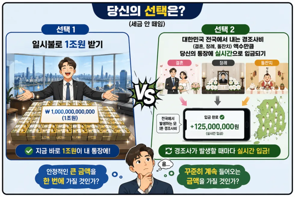 1조원 일시불 수령 vs 경조사 부조금 실시간 수령