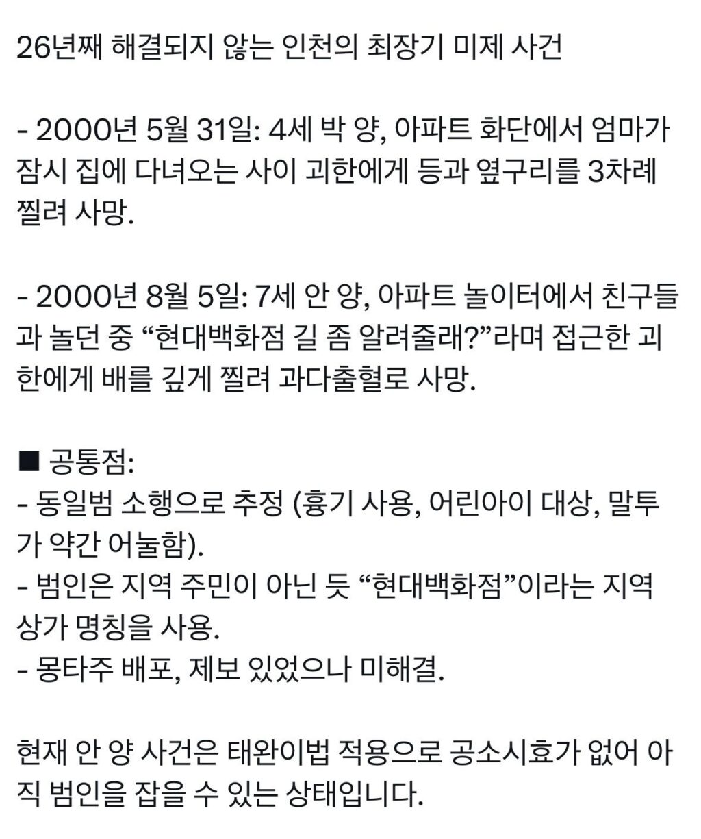 인천 미해결 살인 사건, 26년째 제자리걸음