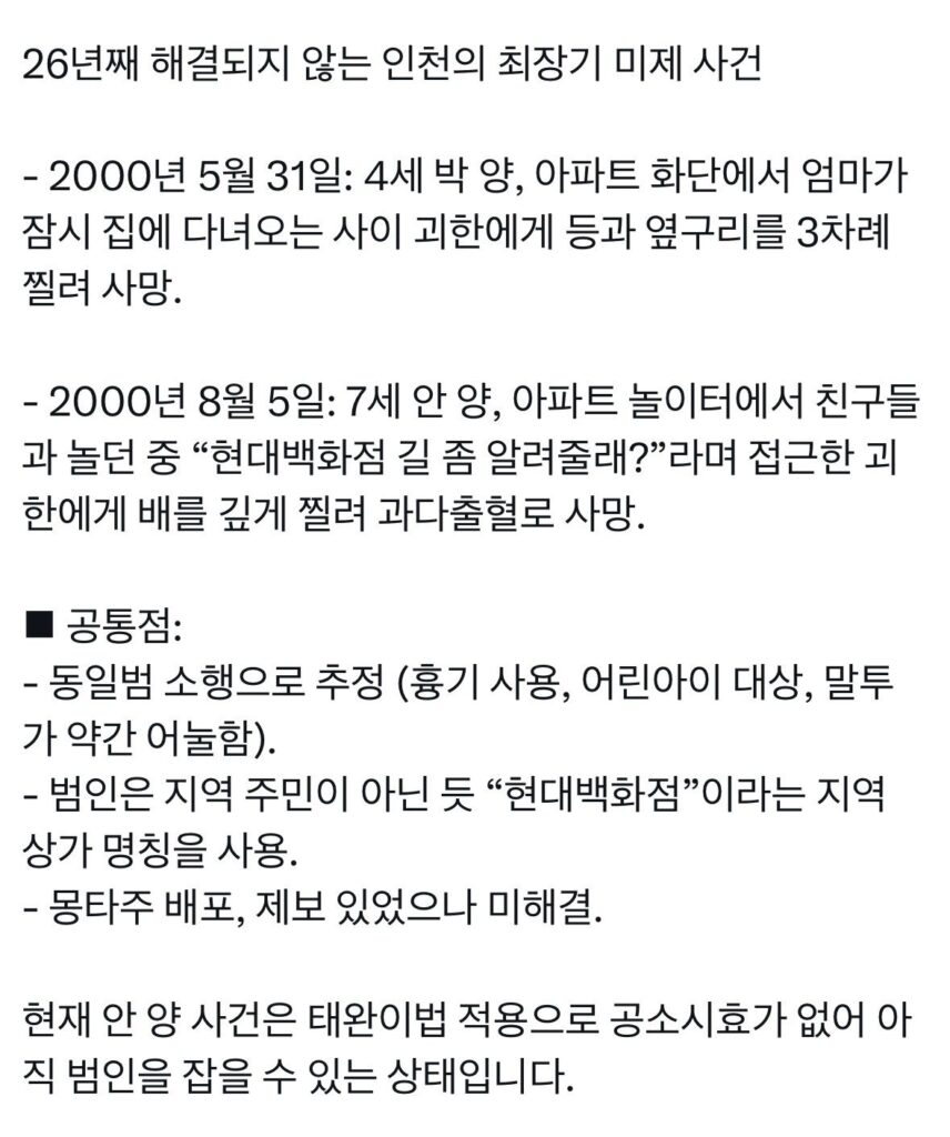 인천 미해결 살인 사건, 26년째 제자리걸음
