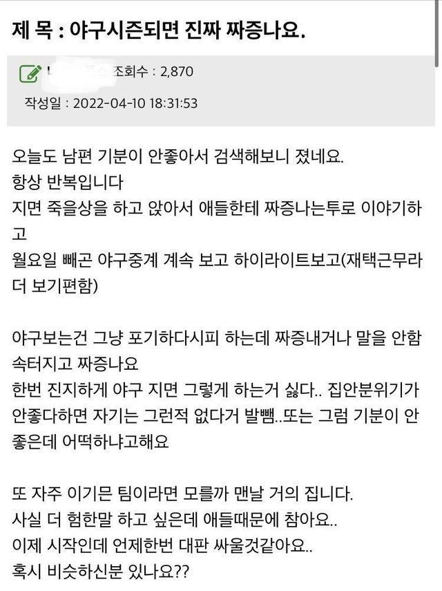 남편이 야구 보는 게 싫은 와이프