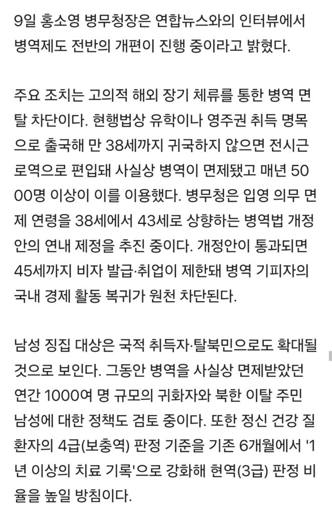 병무청장 홍소영 “남성 면제 연령 43세 상향 포함 징집률 전방위 인상…여성 징병은 검토 안 해”