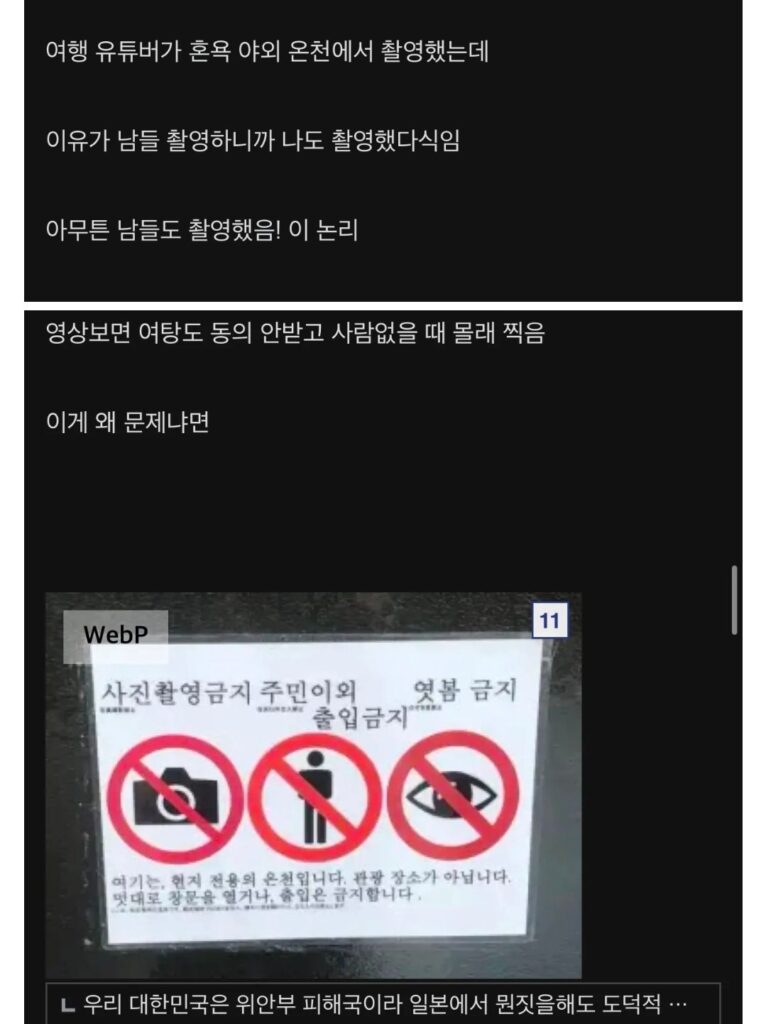한국 유튜버, 일본 혼욕 온천에서 노골적 촬영
