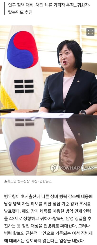 병무청장 홍소영 “남성 면제 연령 43세 상향 포함 징집률 전방위 인상…여성 징병은 검토 안 해”