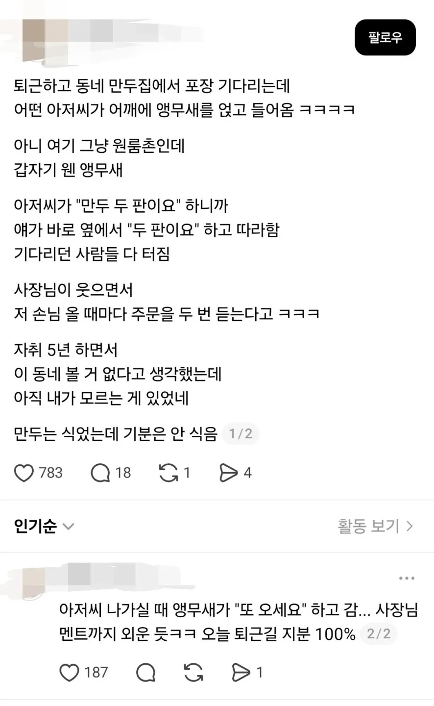 앵무새를 어깨에 올리고 동네 만두집에 들어선 아저씨
