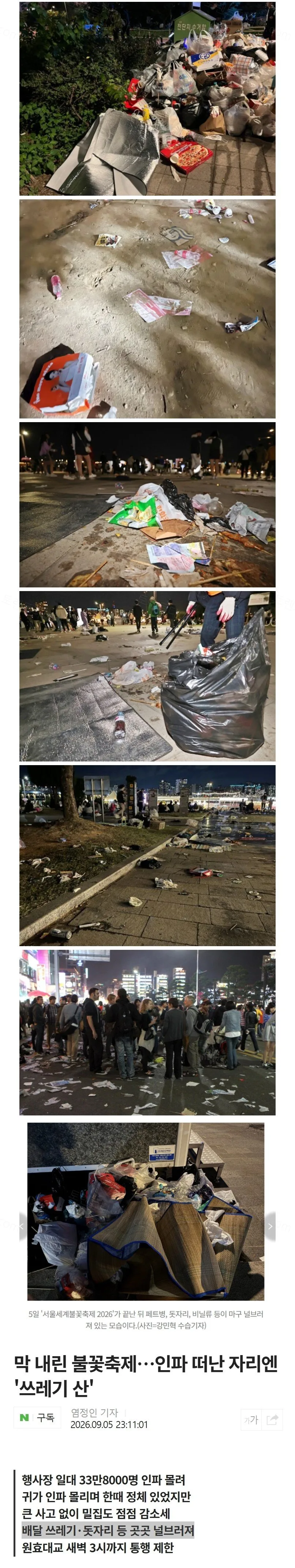불꽃축제 끝난 여의도 한강공원 근황