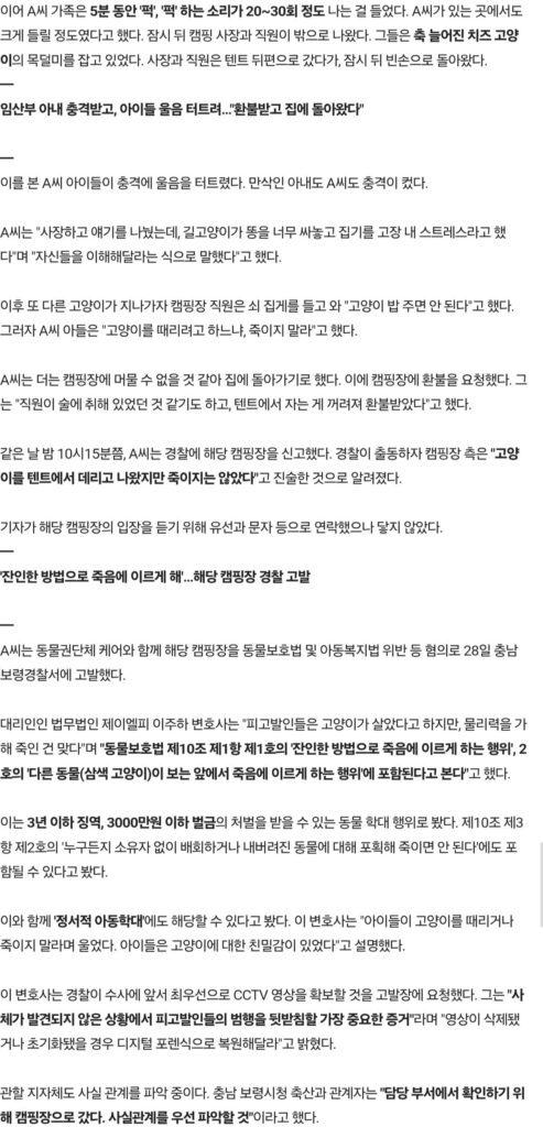 길냥이 때려죽인 캠핑장 주인, 만삭 아내·아이들 "죽이지 마" 오열