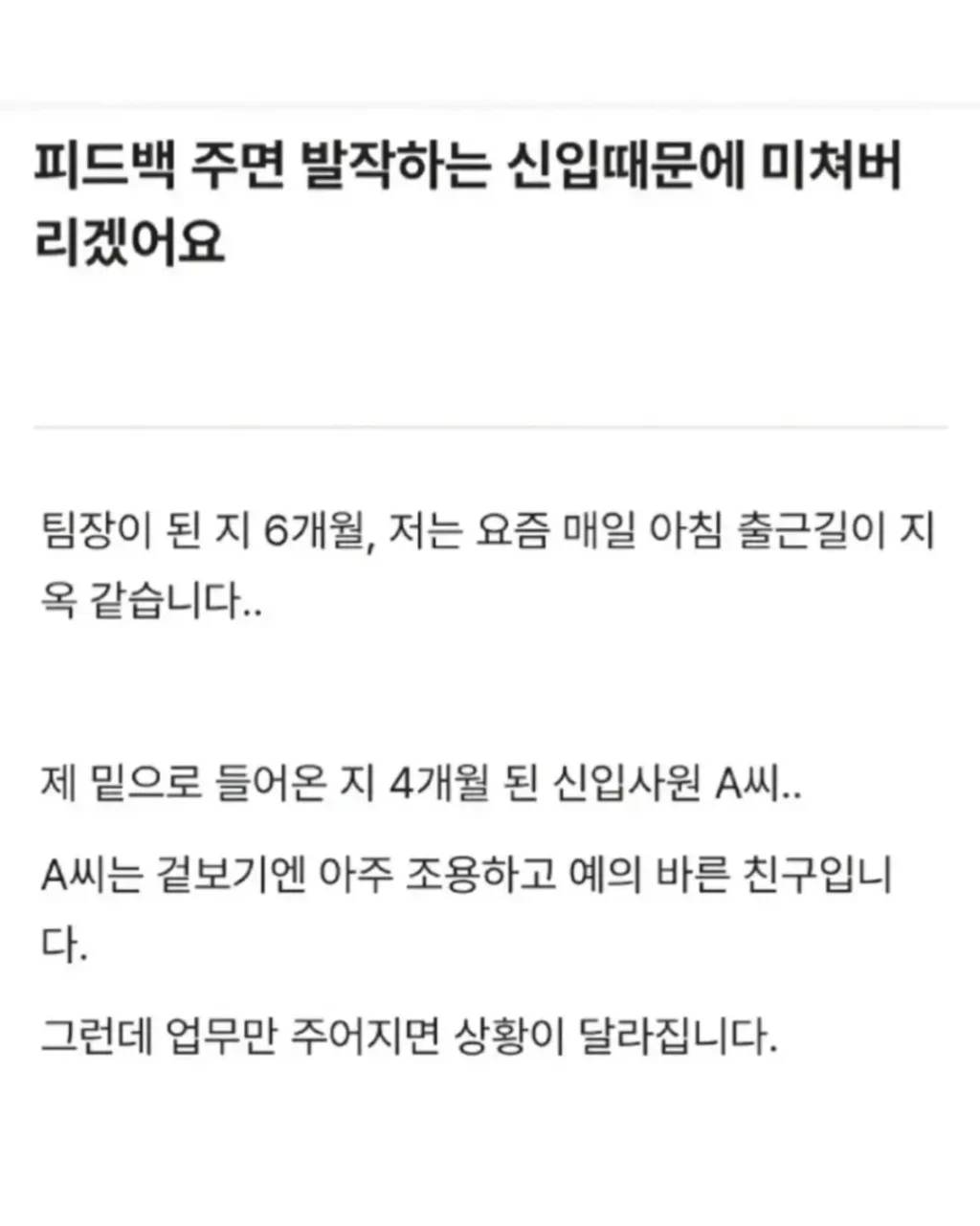 신입의 발작적 피드백 반응에 고통받는 팀장