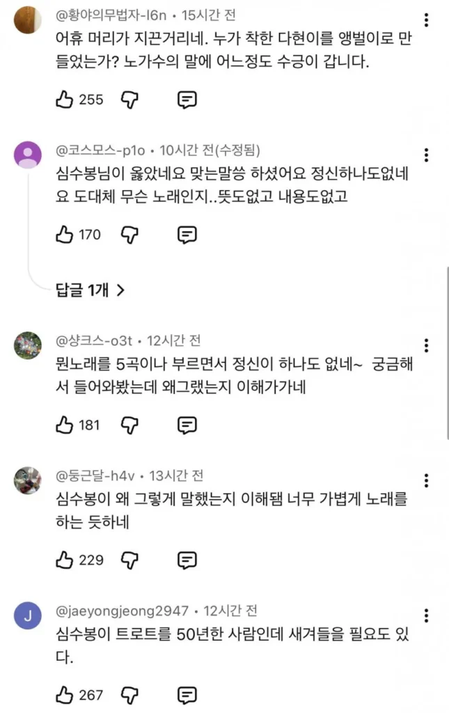 김다현 무대 영상, 심수봉이 저격했다는 의견에 대한 댓글