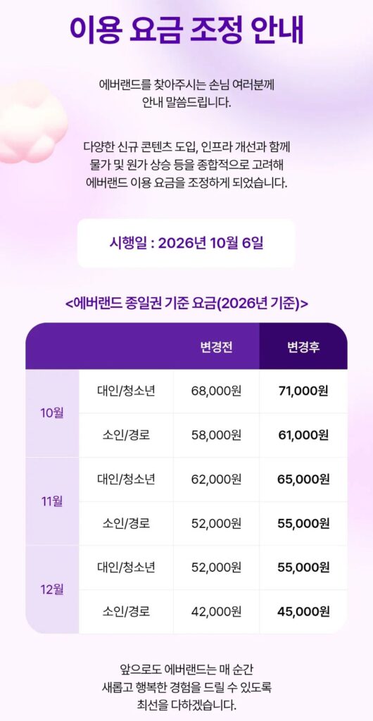 에버랜드 이용 요금 변경 안내