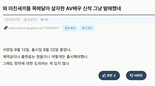 자살한 AV 배우의 작품, 그냥 출시되다