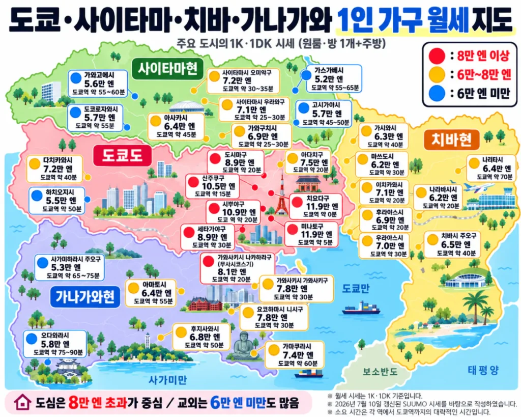 도쿄 1인 가구 월세 지도