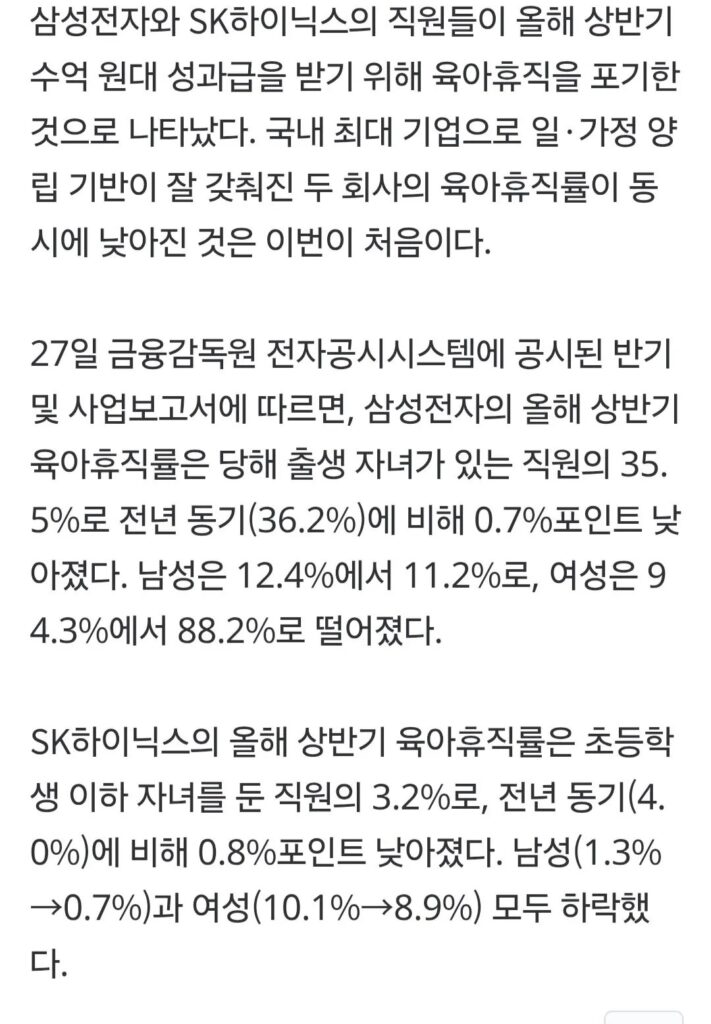 삼전 하닉 육아휴직률 급감 ㄷㄷ