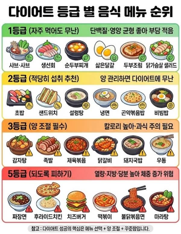음식 종류별 다이어트 등급 순위