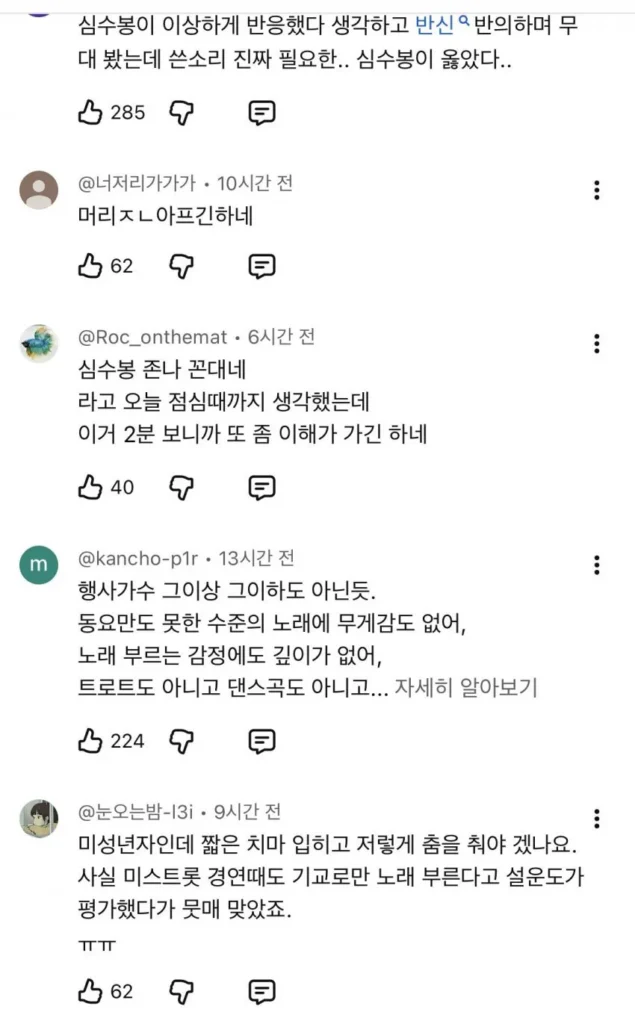 김다현 무대 영상, 심수봉이 저격했다는 의견에 대한 댓글