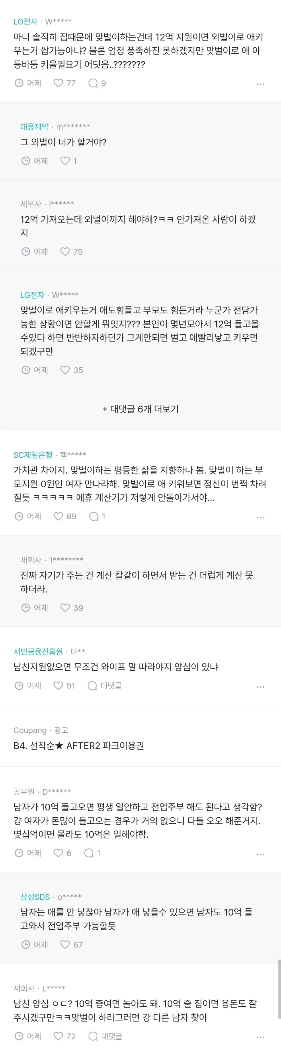 아내가 부모님께 12억 지원받는대요.blind