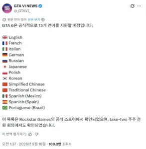 GTA6 공식 지원 13개 언어 공개