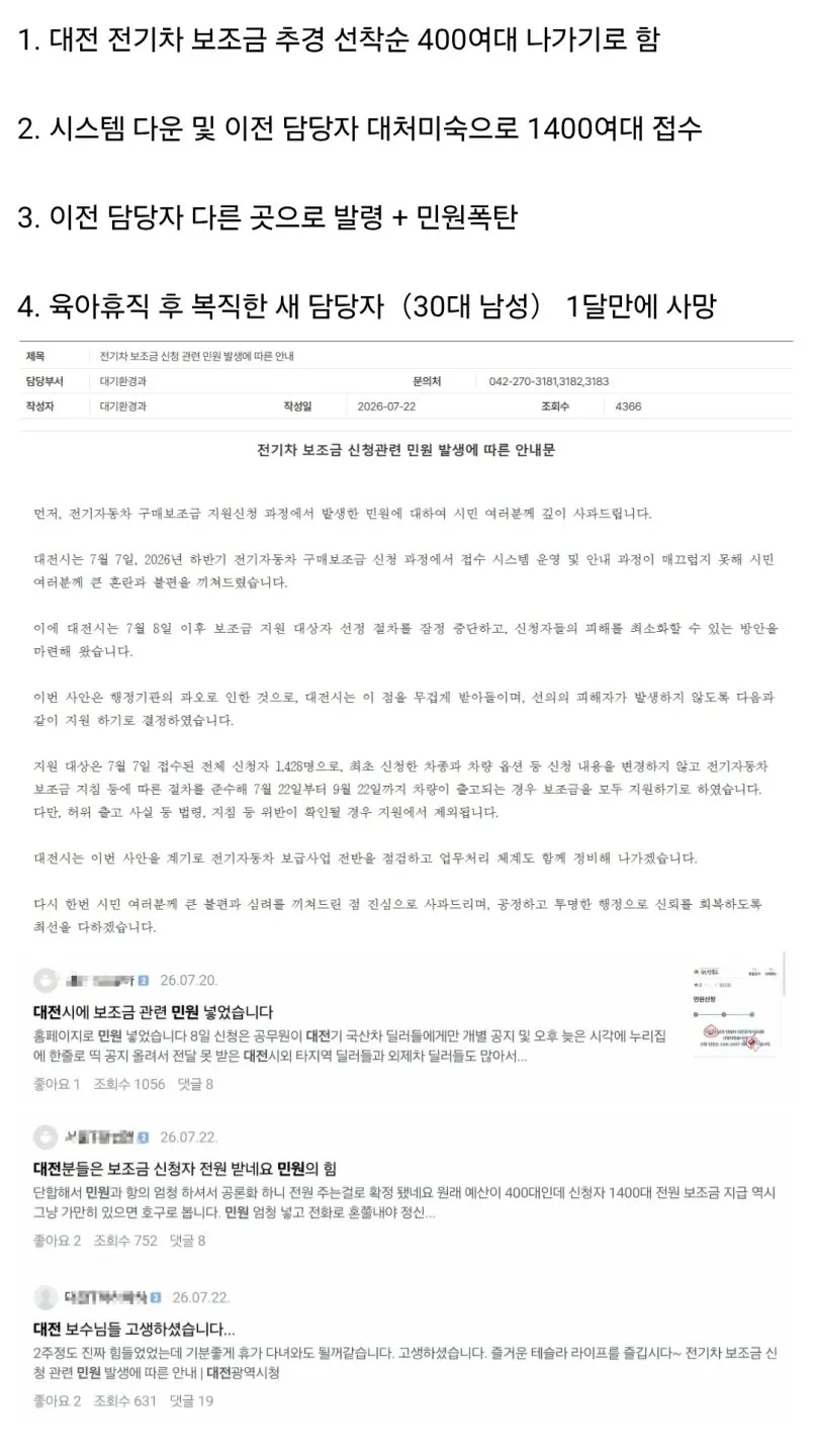 대전 전기차 보조금 관련 공무원 사망 사건 정리