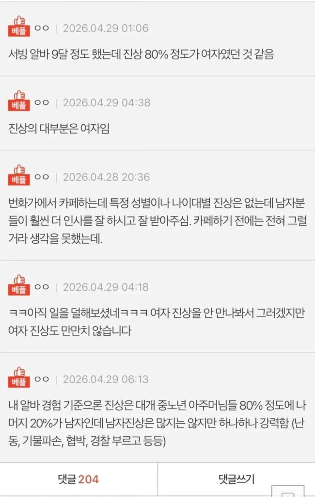 알바해보니 여자는 진상이 없다는 사람