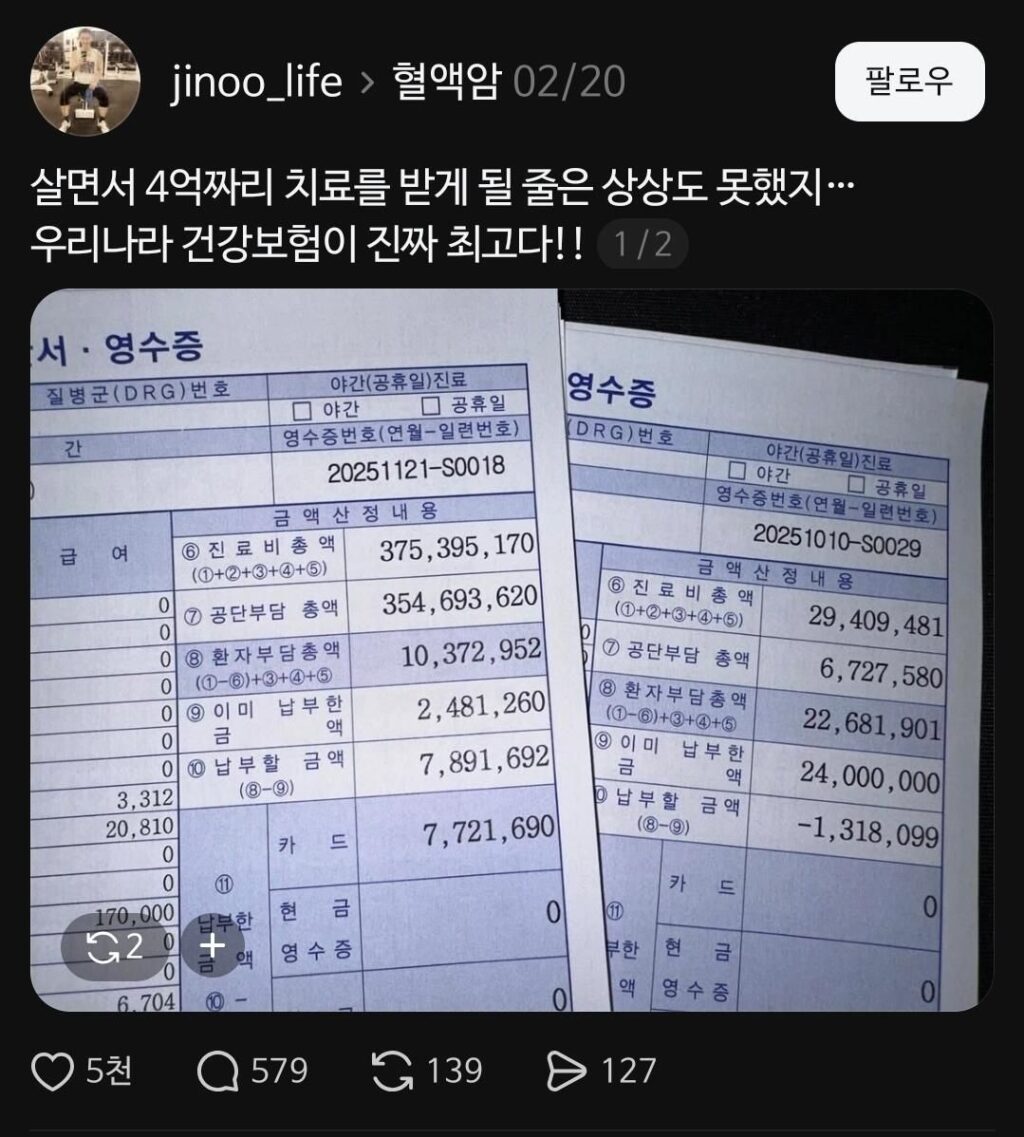 4억 짜리 병원비, 실제 납부액