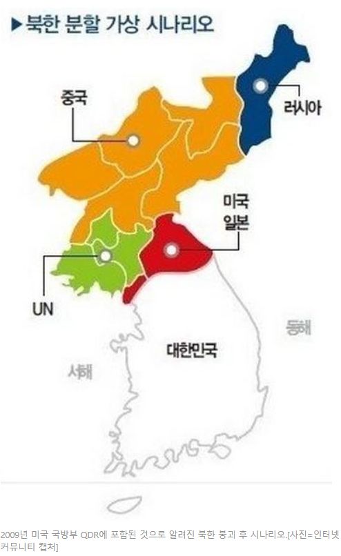 미국 중국등이 예상한 북한붕괴시 한반도 땅