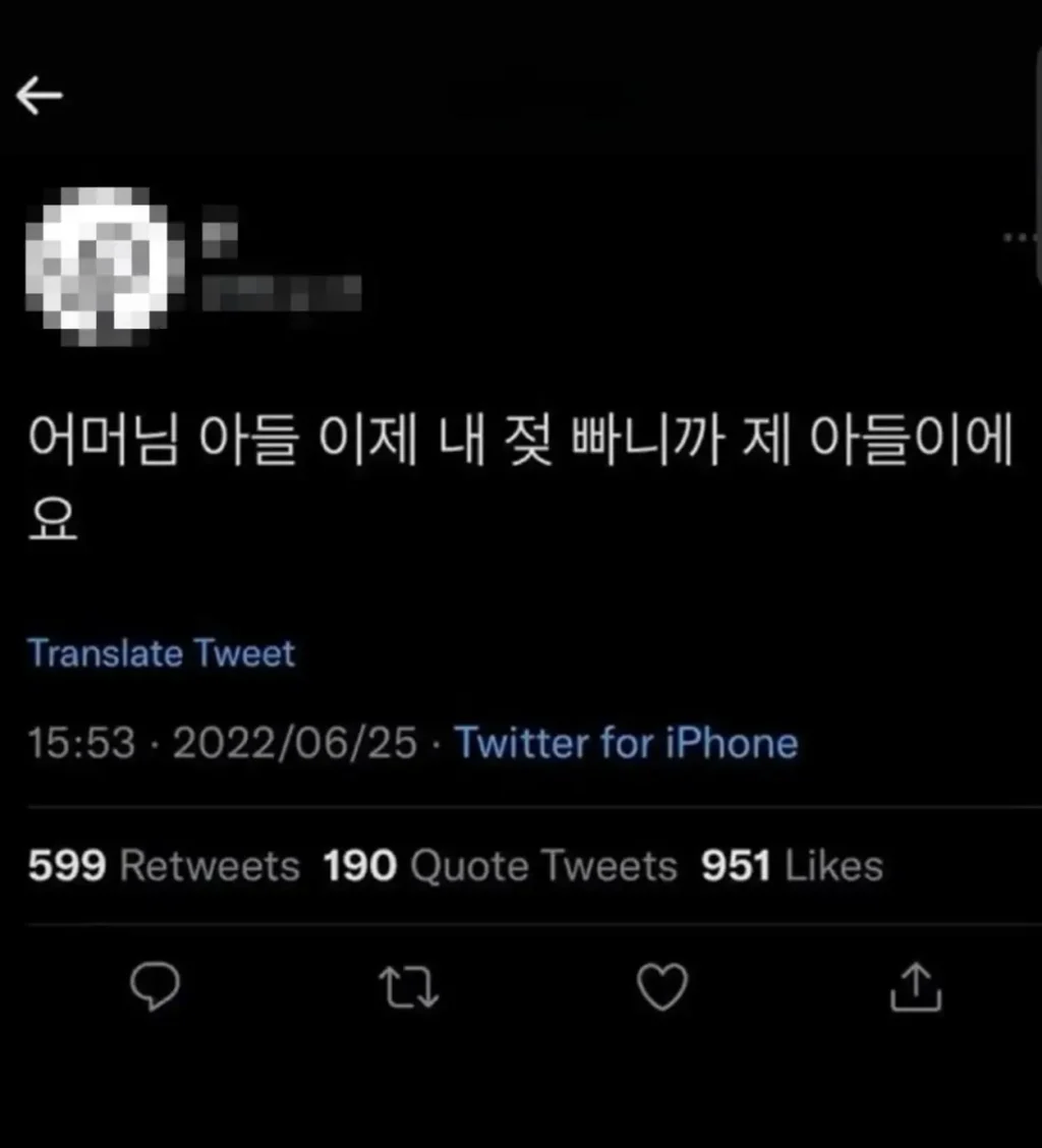 어머님 아들이 제 젖가슴을 빨았으니
