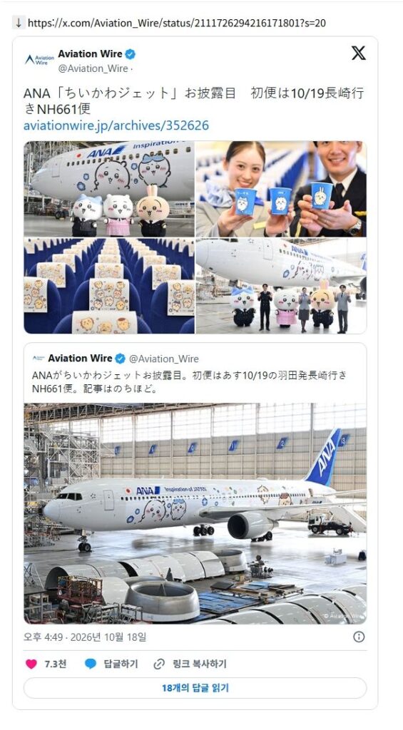 일본 ANA에서 새로 공개한 치이카와 항공기