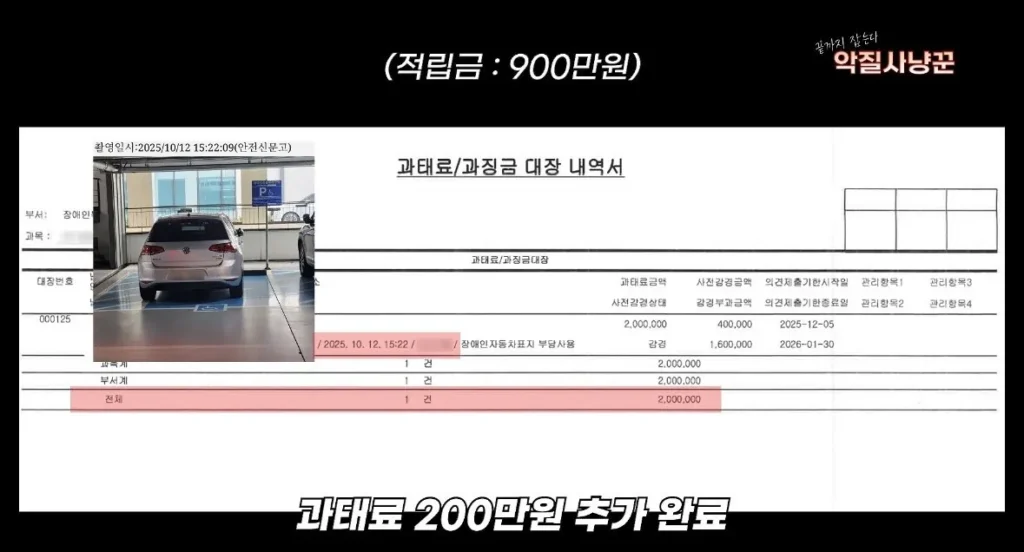 장애인주차구역 주차로 1100만원 과태료+벌금낸 사람