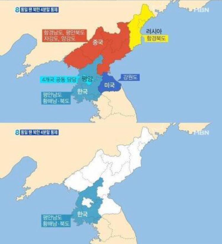 미국 중국등이 예상한 북한붕괴시 한반도 땅