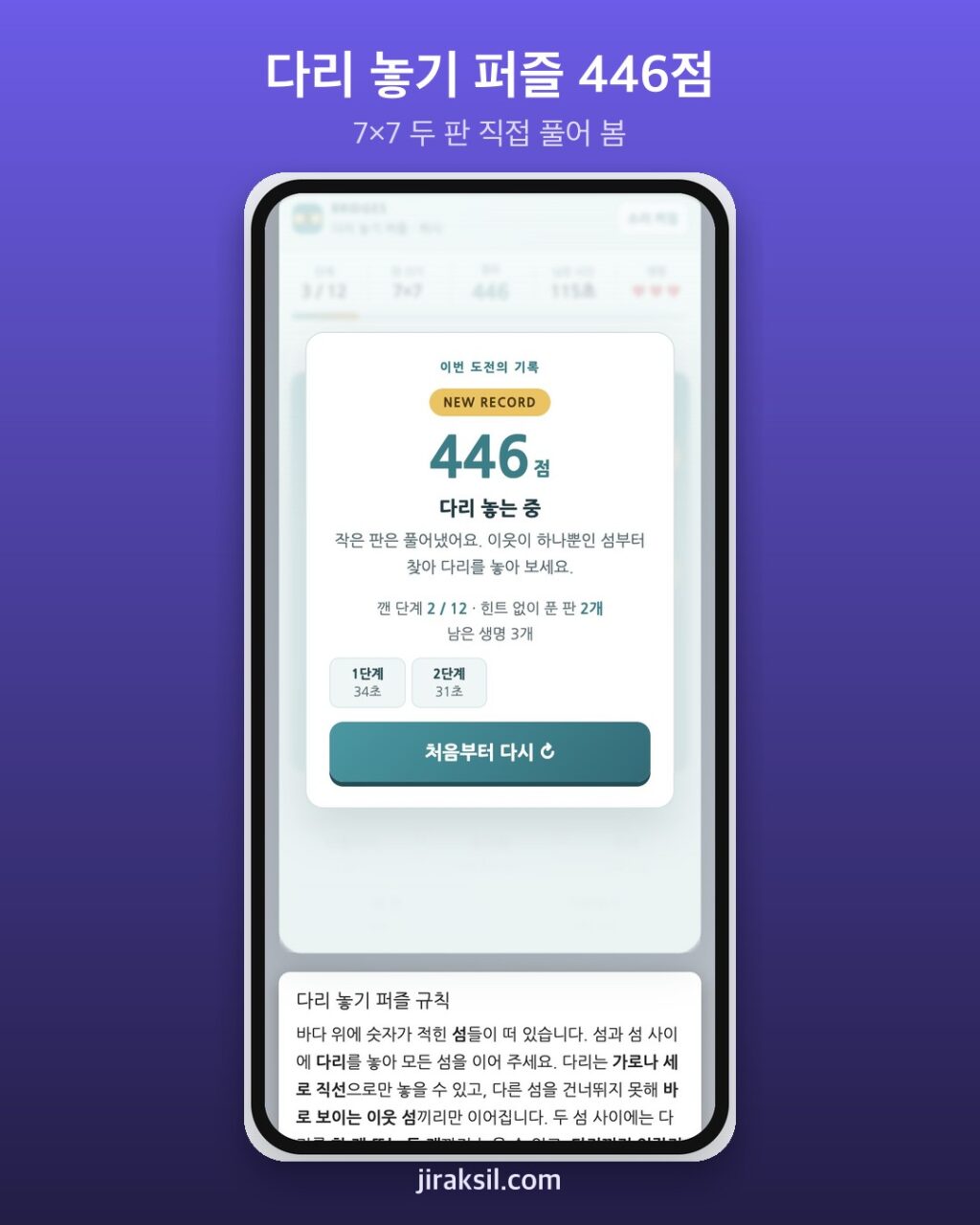 "숫자만큼 다리를 놓아라" 새로 나온 다리 놓기 퍼즐, 직접 두 판 깨 보니 446점