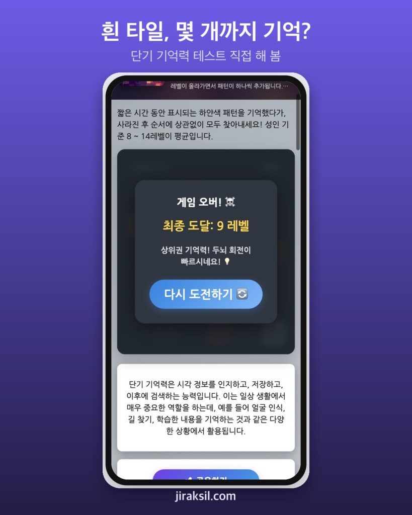 "흰 타일 위치, 몇 개까지 기억할까"… 단기 기억력 테스트 직접 해 보니 '최종 도달 9레벨'