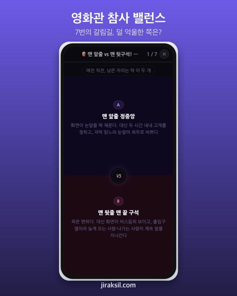 "맨 앞줄 정중앙 vs 맨 뒷줄 구석"… 영화관 참사 밸런스게임, 콜라 쏟기는 아무도 안 골랐다