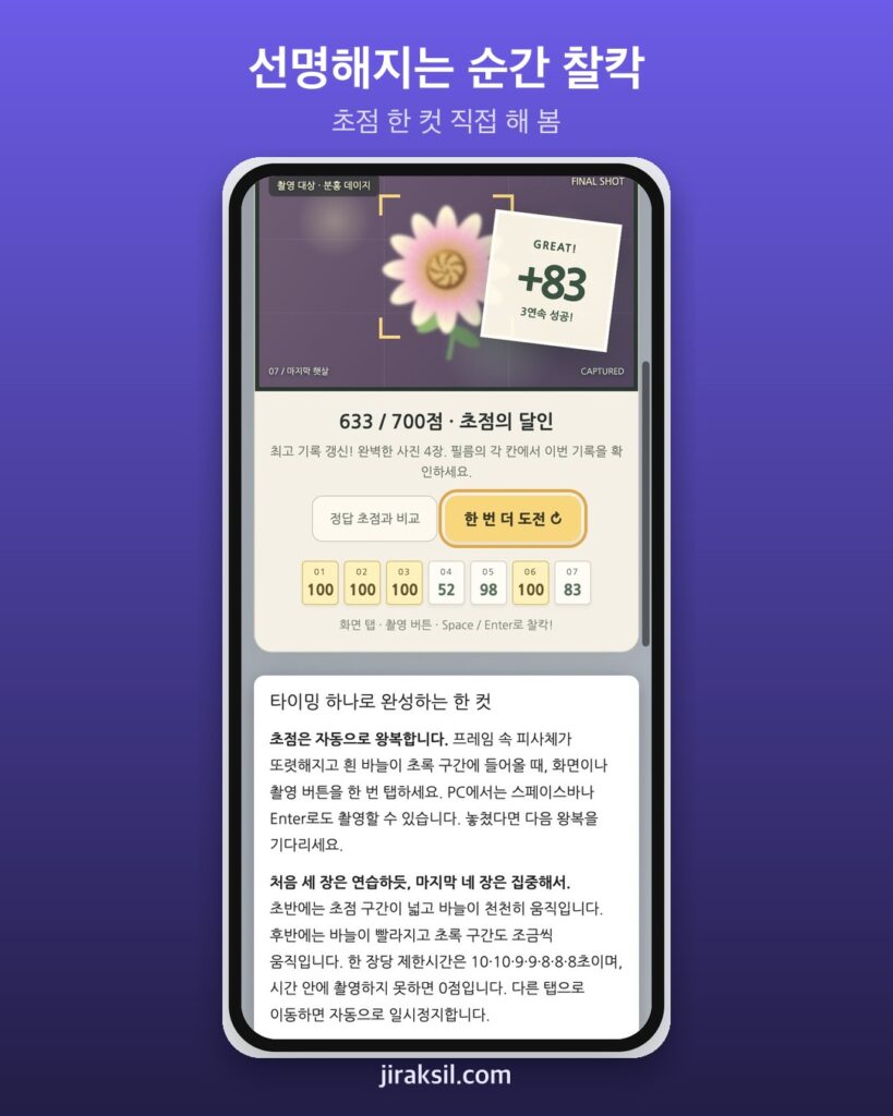 "선명해지는 순간, 탭 한 번"… 초점 한 컷 게임 직접 해 보니 633점 '초점의 달인'