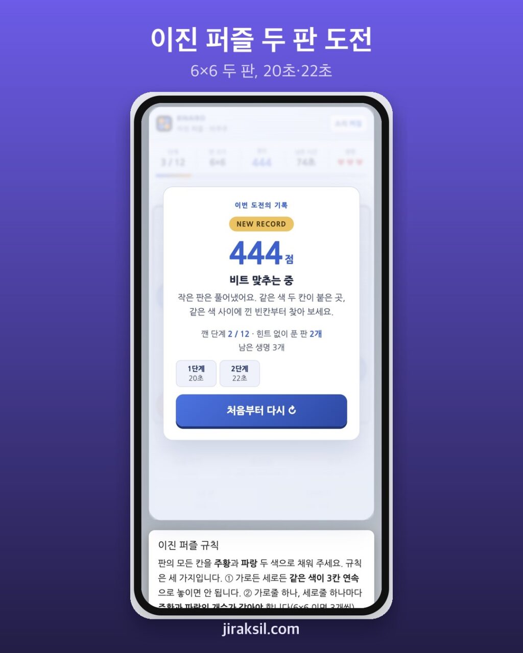 "같은 색 세 칸 연속은 금지" 이진 퍼즐 6×6 두 판 풀어 보니 444점