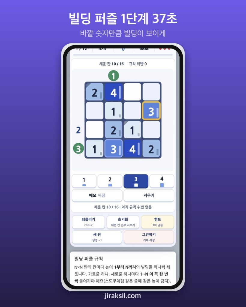 "바깥 숫자만큼만 보여야 한다"… 새로 나온 빌딩 퍼즐 1단계, 직접 풀어 보니 37초