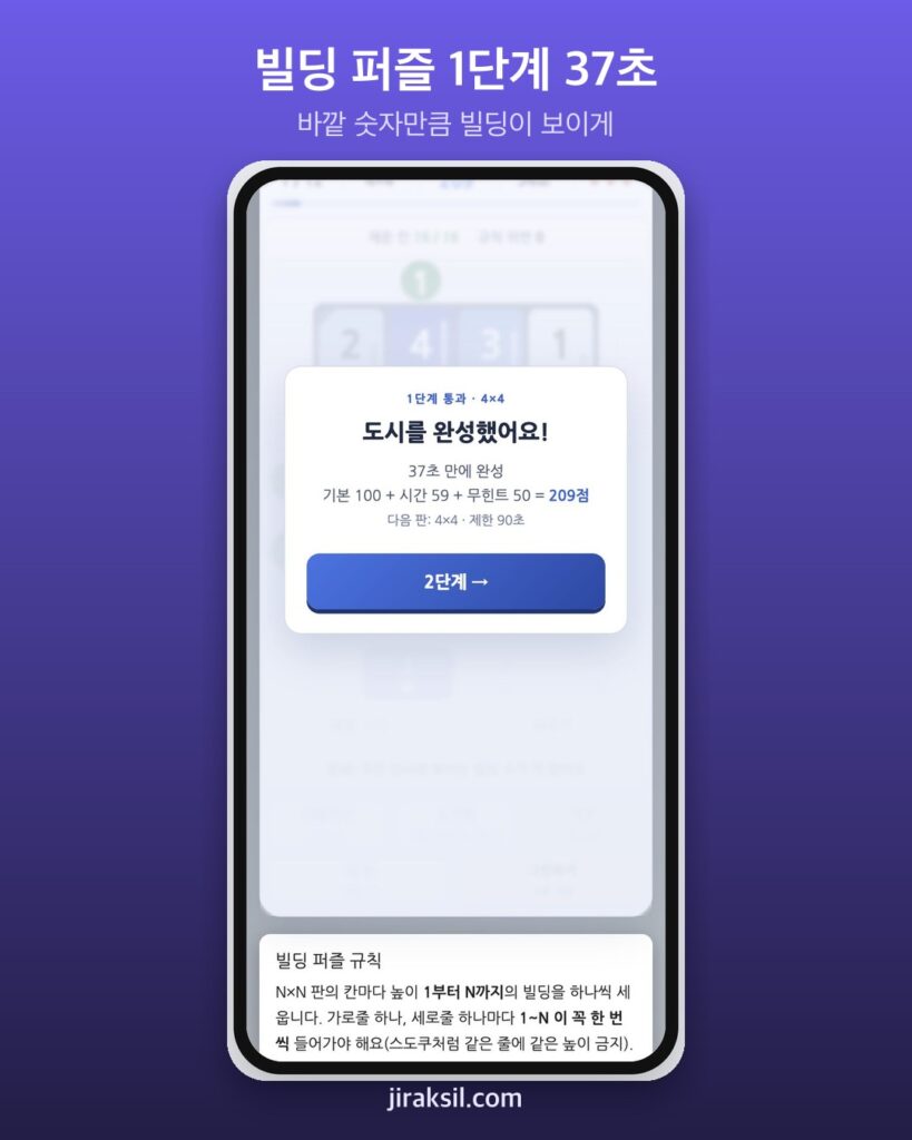 "바깥 숫자만큼만 보여야 한다"… 새로 나온 빌딩 퍼즐 1단계, 직접 풀어 보니 37초