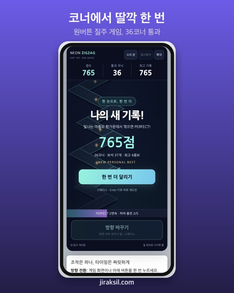 "코너에서 딸깍"… 원버튼 질주 게임 '네온 지그재그', 직접 달려 보니 36코너 765점