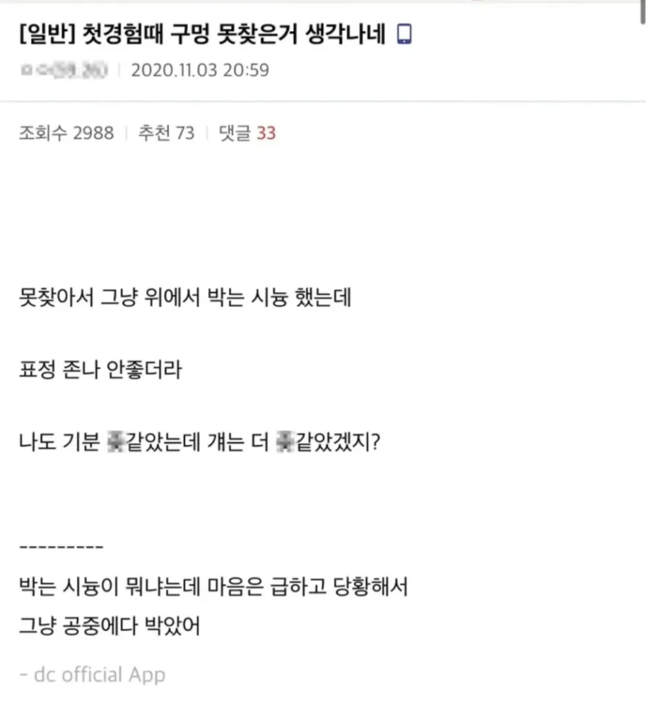 첫경험때 구멍 못찾은거 생각나네.jpg