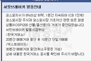 (속보)코스피 급락에 서킷브레이커 발동